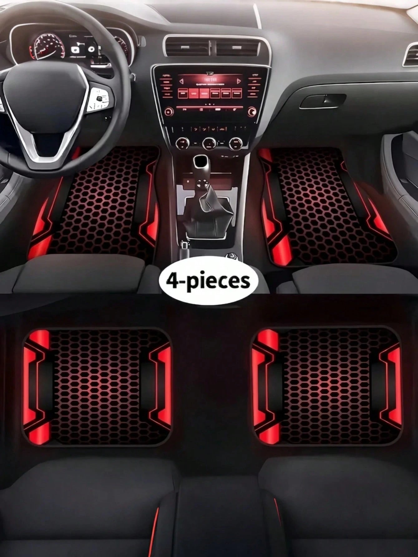 4pcs Car Floor Mat Set- 2D Printed Pattern- Creative Design- Tech-Style Border- Front & Rear Seat Mats- Interior Accessories & Foot Pad- Fit For Cars, SUVs- Fashionable Polyester Material