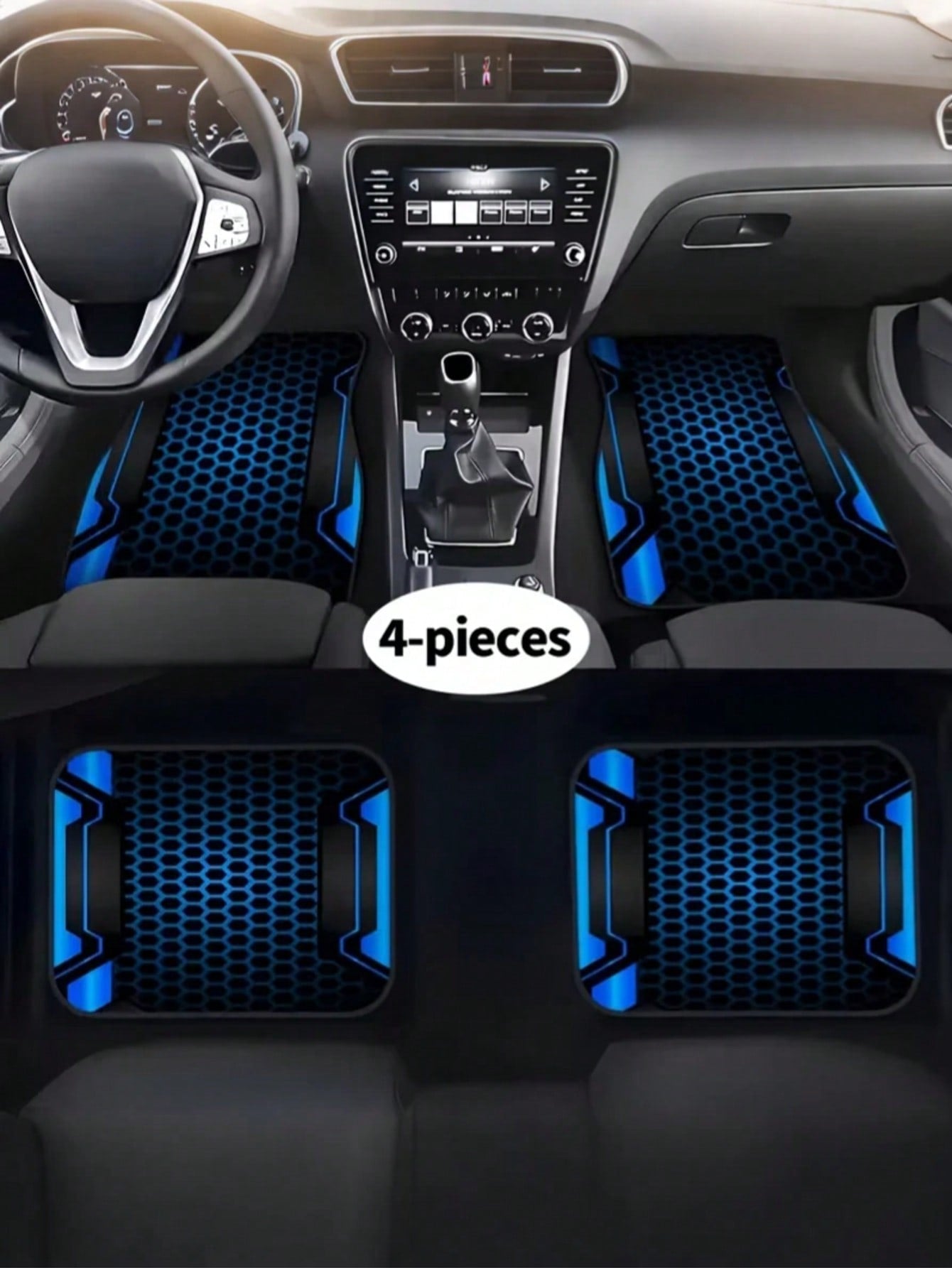 4pcs Car Floor Mat Set- 2D Printed Pattern- Creative Design- Tech-Style Border- Front & Rear Seat Mats- Interior Accessories & Foot Pad- Fit For Cars, SUVs- Fashionable Polyester Material