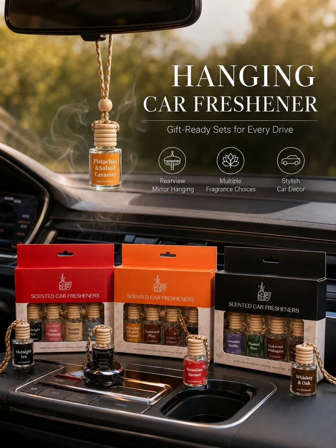 4pcs Hanging Car Air Freshener Gift Set, Luxury Car Air Freshener Pendant, Long-Lasting Scent Essential Oil Deodorizer, Cute Car Decor, Suitable For Women, Men, RV, Fashionable Car Interior Decoration