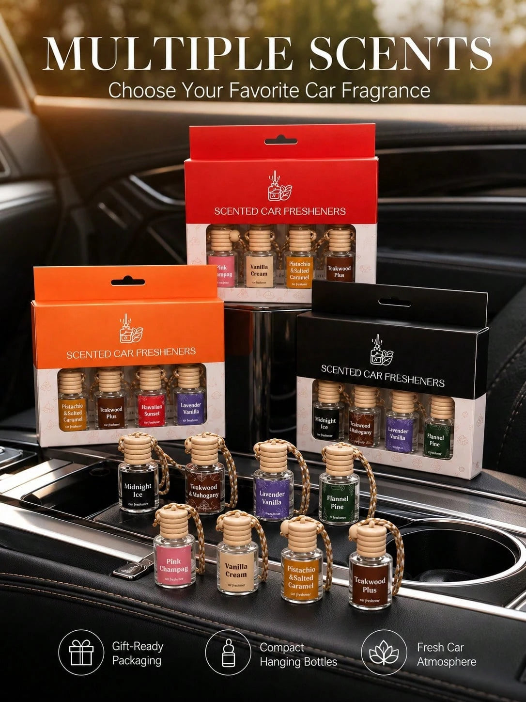 4pcs Hanging Car Air Freshener Gift Set, Luxury Car Air Freshener Pendant, Long-Lasting Scent Essential Oil Deodorizer, Cute Car Decor, Suitable For Women, Men, RV, Fashionable Car Interior Decoration
