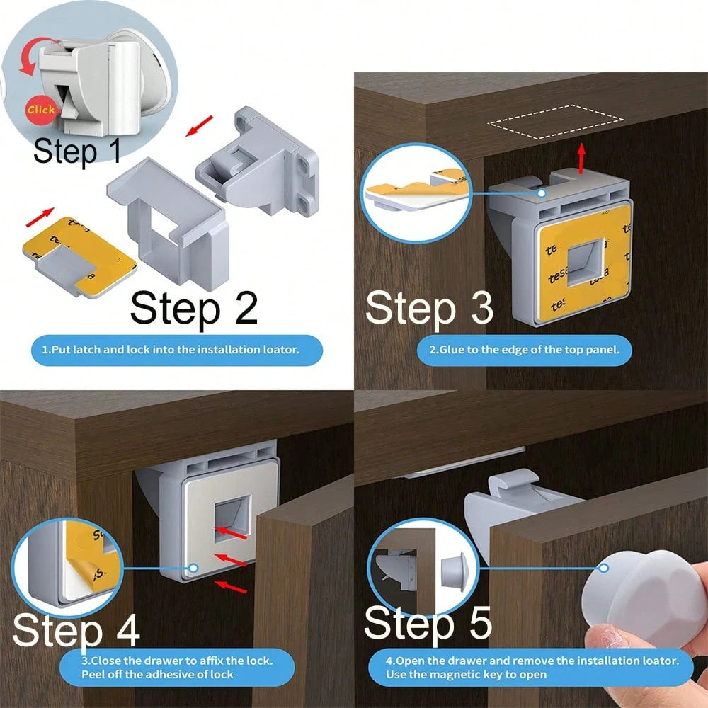 4pcs Magnetic Lock Set + 1 Key, Multi-Functional Home Use, Includes Installation Accessories, Invisible Safety Lock For Drawers, Cabinets, Parallel Doors