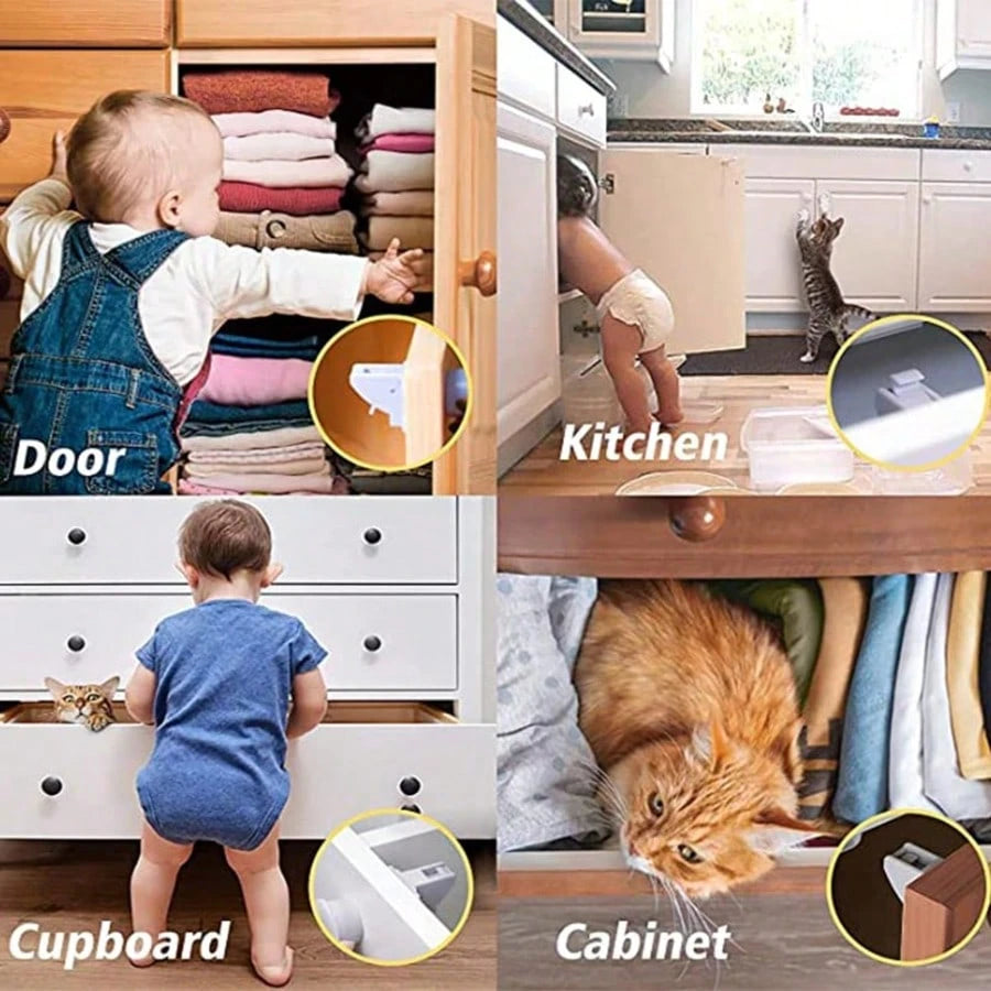 4pcs Magnetic Lock Set + 1 Key, Multi-Functional Home Use, Includes Installation Accessories, Invisible Safety Lock For Drawers, Cabinets, Parallel Doors