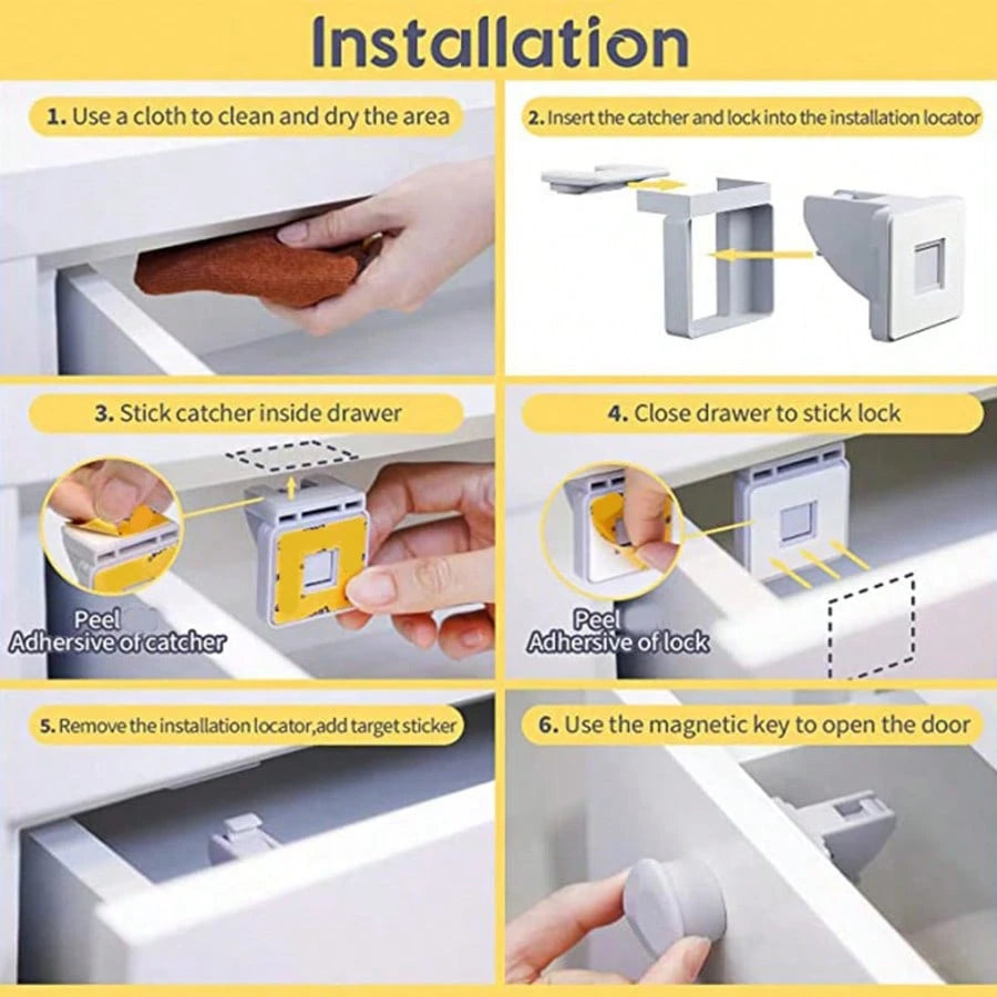 4pcs Magnetic Lock Set + 1 Key, Multi-Functional Home Use, Includes Installation Accessories, Invisible Safety Lock For Drawers, Cabinets, Parallel Doors