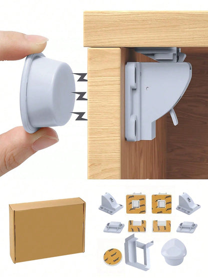 4pcs Magnetic Lock Set + 1 Key, Multi-Functional Home Use, Includes Installation Accessories, Invisible Safety Lock For Drawers, Cabinets, Parallel Doors