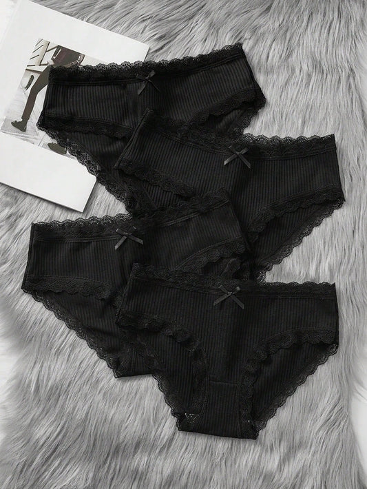 4pcs/Pack Dozemod Teen Girl & Teen Girls' Cute Minimalist Comfortable Lace Trim Bow Decor Elastic Waist Panties
