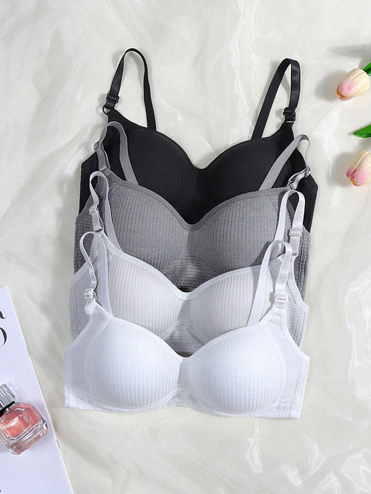 4pcs/Pack Girls Ribbed Underwear Comfortable Minimalist Bra, Suitable For 13-16 Years Old Girls (Recommend Buying One Size Larger)