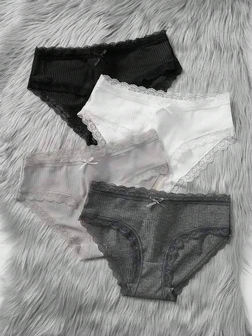 4pcs/Pack Teen Girl & Teen Girls Cute Simple Comfy Lace Ribbon Bowknot Decor Elastic Waist Bikini Panties