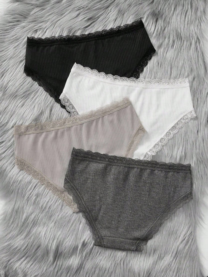 4pcs/Pack Teen Girl & Teen Girls Cute Simple Comfy Lace Ribbon Bowknot Decor Elastic Waist Bikini Panties