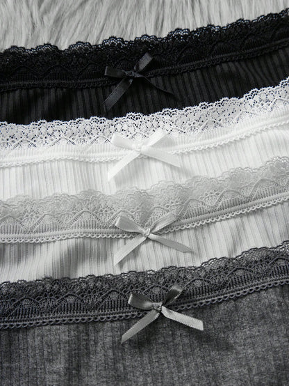 4pcs/Pack Teen Girl & Teen Girls Cute Simple Comfy Lace Ribbon Bowknot Decor Elastic Waist Bikini Panties