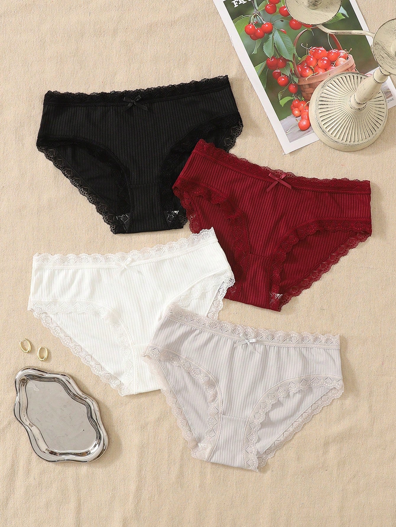 4pcs/Pack Teen Girl & Teen Girls Cute Simple Comfy Lace Ribbon Bowknot Decor Elastic Waist Bikini Panties