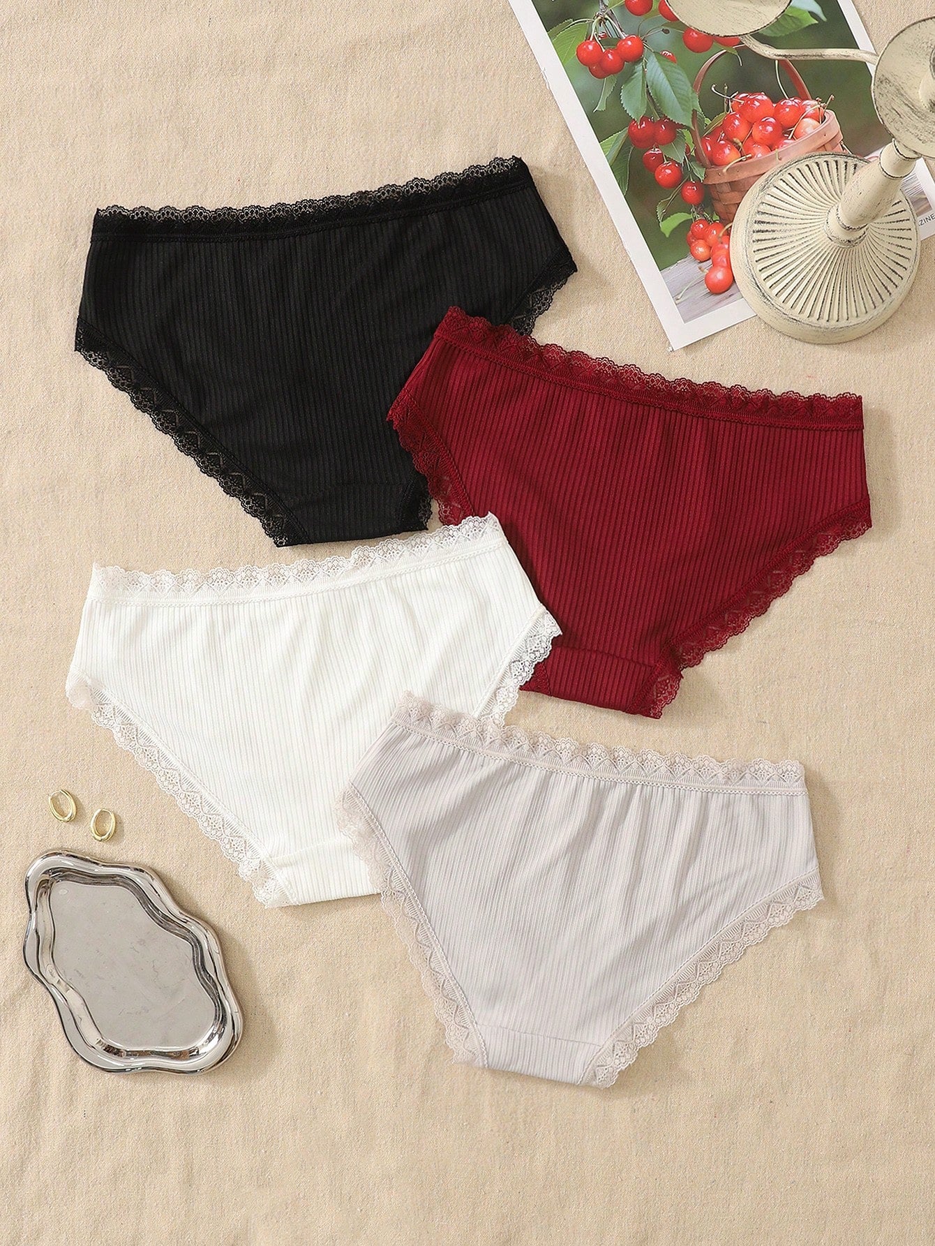 4pcs/Pack Teen Girl & Teen Girls Cute Simple Comfy Lace Ribbon Bowknot Decor Elastic Waist Bikini Panties
