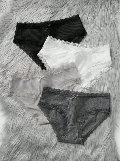 4pcs/Pack Teen Girl & Teen Girls Cute Simple Comfy Lace Ribbon Bowknot Decor Elastic Waist Bikini Panties