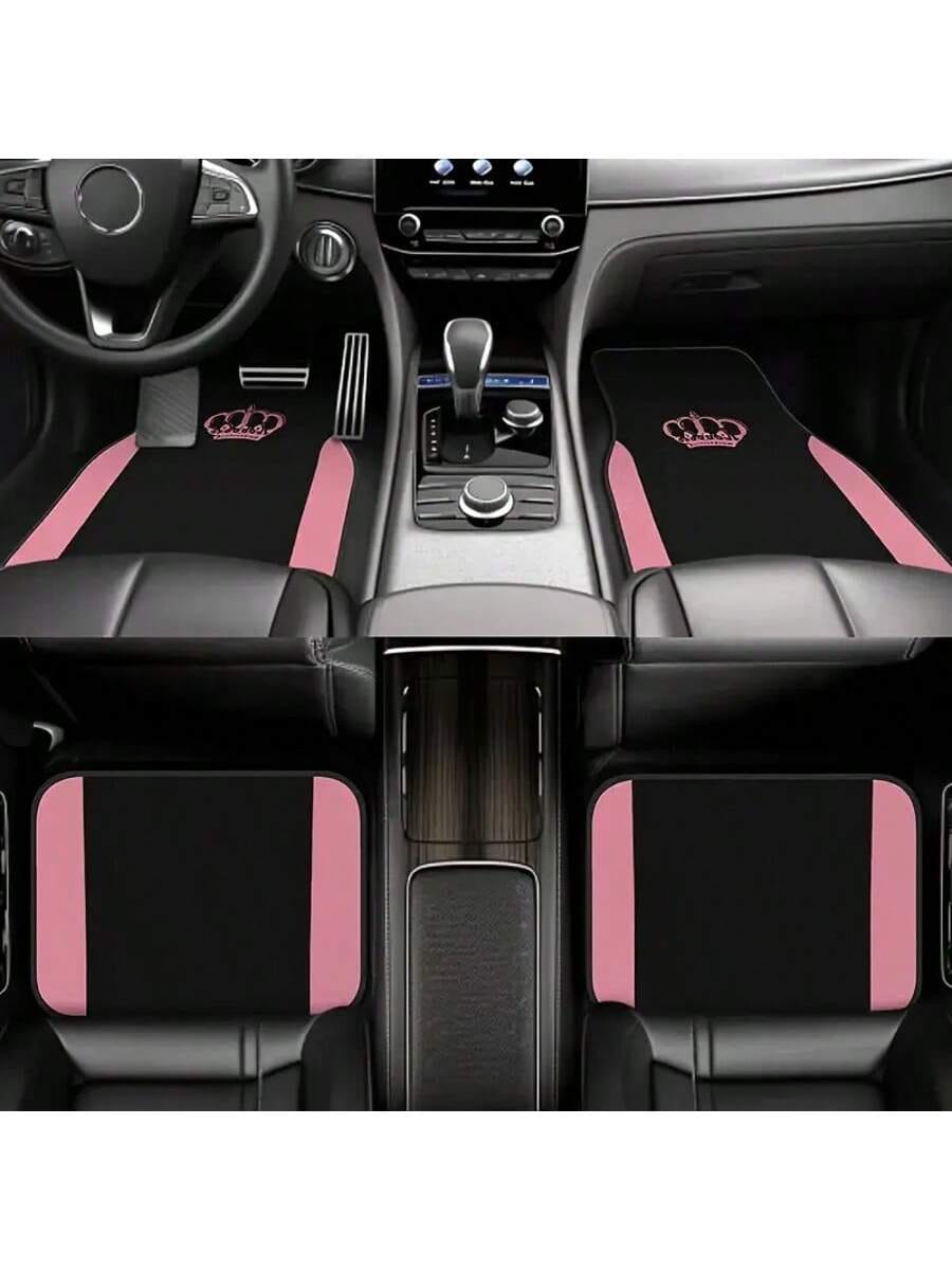 4pcs Pink Crown Design Car Floor Mats- Black Fashion Purple Butterfly Pattern, Fit For Sedan, SUV, Truck- High Quality Polyester, Durable And Easy To Clean, Protect Vehicle Floor| Decorative Mats