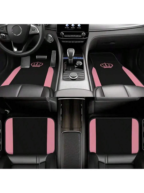 4pcs Pink Crown Design Car Floor Mats- Black Fashion Purple Butterfly Pattern, Fit For Sedan, SUV, Truck- High Quality Polyester, Durable And Easy To Clean, Protect Vehicle Floor| Decorative Mats