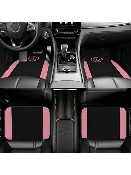 4pcs Pink Crown Design Car Floor Mats- Black Fashion Purple Butterfly Pattern, Fit For Sedan, SUV, Truck- High Quality Polyester, Durable And Easy To Clean, Protect Vehicle Floor| Decorative Mats