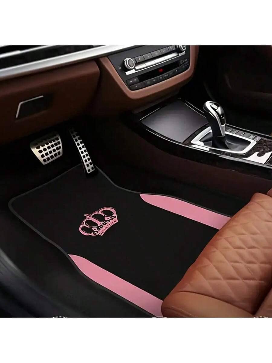4pcs Pink Crown Design Car Floor Mats- Black Fashion Purple Butterfly Pattern, Fit For Sedan, SUV, Truck- High Quality Polyester, Durable And Easy To Clean, Protect Vehicle Floor| Decorative Mats