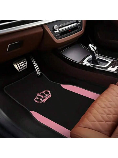 4pcs Pink Crown Design Car Floor Mats- Black Fashion Purple Butterfly Pattern, Fit For Sedan, SUV, Truck- High Quality Polyester, Durable And Easy To Clean, Protect Vehicle Floor| Decorative Mats