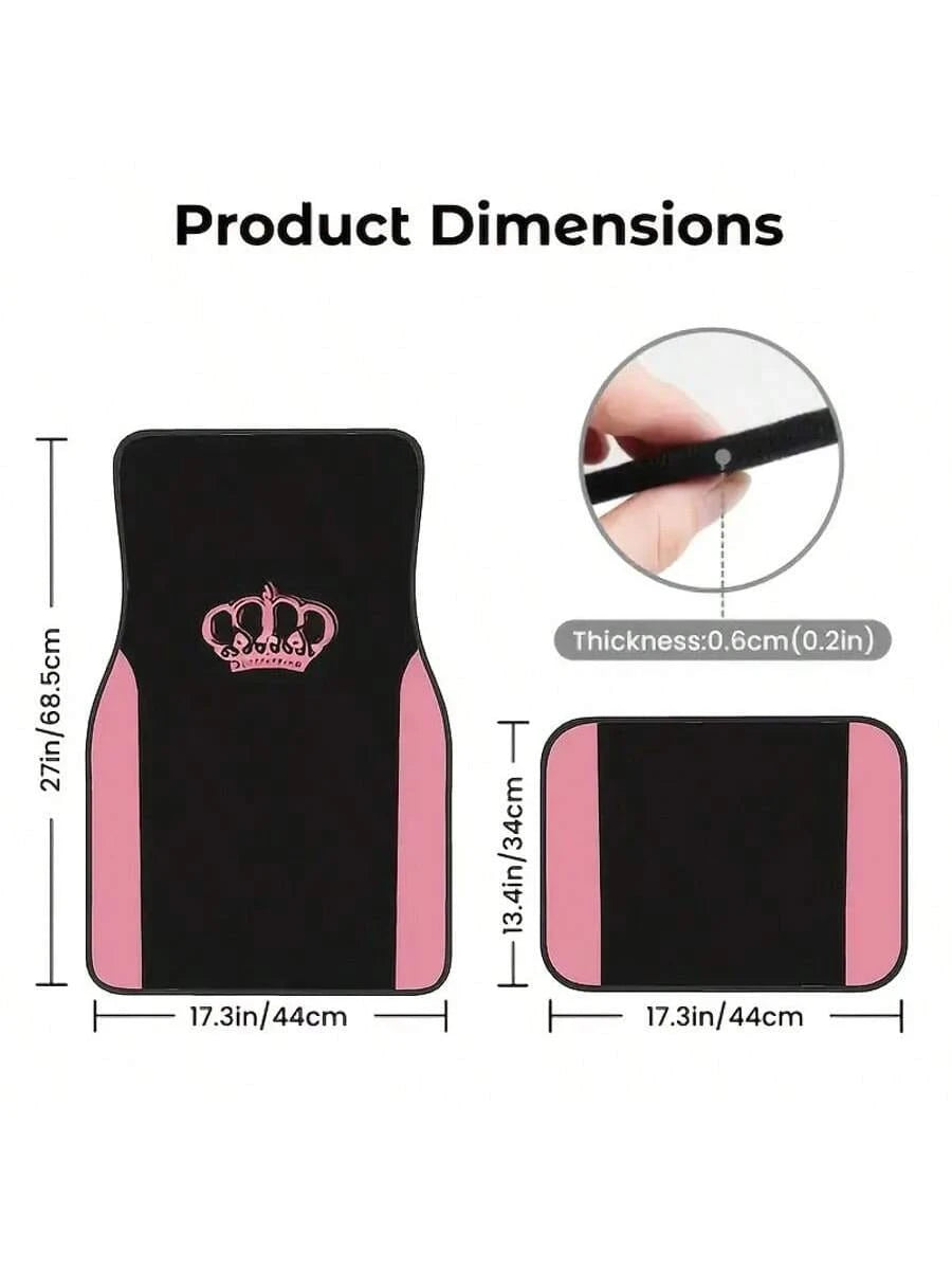 4pcs Pink Crown Design Car Floor Mats- Black Fashion Purple Butterfly Pattern, Fit For Sedan, SUV, Truck- High Quality Polyester, Durable And Easy To Clean, Protect Vehicle Floor| Decorative Mats