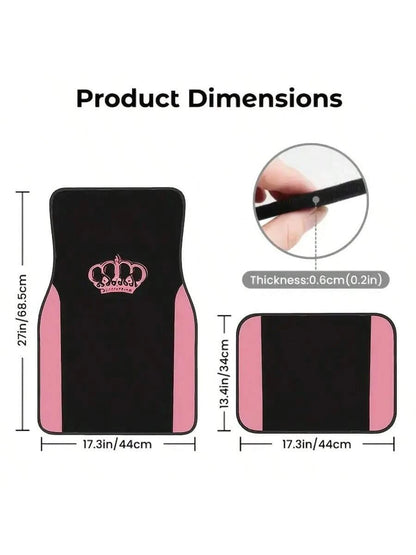 4pcs Pink Crown Design Car Floor Mats- Black Fashion Purple Butterfly Pattern, Fit For Sedan, SUV, Truck- High Quality Polyester, Durable And Easy To Clean, Protect Vehicle Floor| Decorative Mats