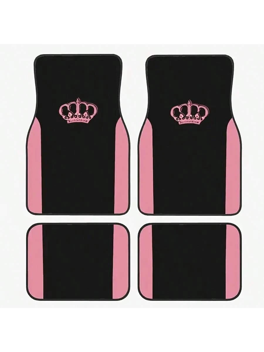 4pcs Pink Crown Design Car Floor Mats- Black Fashion Purple Butterfly Pattern, Fit For Sedan, SUV, Truck- High Quality Polyester, Durable And Easy To Clean, Protect Vehicle Floor| Decorative Mats