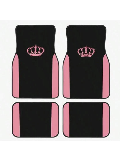 4pcs Pink Crown Design Car Floor Mats- Black Fashion Purple Butterfly Pattern, Fit For Sedan, SUV, Truck- High Quality Polyester, Durable And Easy To Clean, Protect Vehicle Floor| Decorative Mats