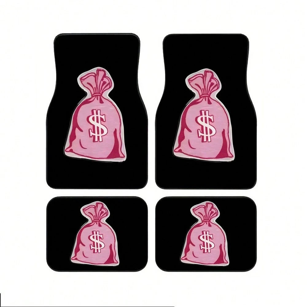 4pcs Pink Dollar Bag Pattern Car Floor Mat Set- Non-Slip, Durable Polyester, Suitable For Most Sedans And SUVs, Interior Upgrade- Perfect Gift For Men And Women