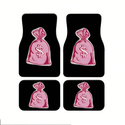 4pcs Pink Dollar Bag Pattern Car Floor Mat Set- Non-Slip, Durable Polyester, Suitable For Most Sedans And SUVs, Interior Upgrade- Perfect Gift For Men And Women