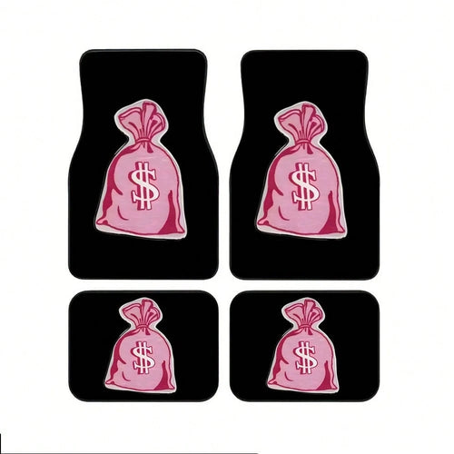 4pcs Pink Dollar Bag Pattern Car Floor Mat Set- Non-Slip, Durable Polyester, Suitable For Most Sedans And SUVs, Interior Upgrade- Perfect Gift For Men And Women