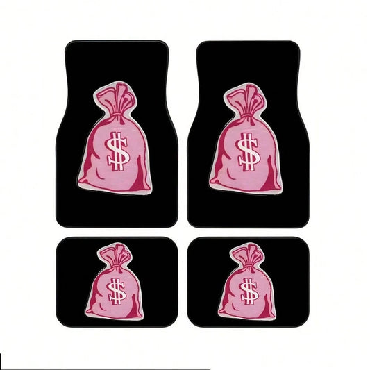 4pcs Pink Dollar Bag Pattern Car Floor Mat Set- Non-Slip, Durable Polyester, Suitable For Most Sedans And SUVs, Interior Upgrade- Perfect Gift For Men And Women