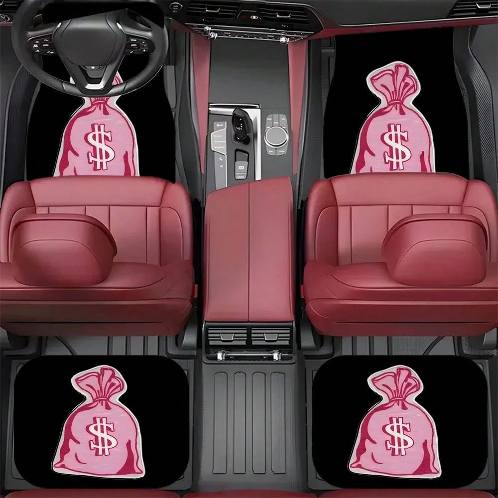 4pcs Pink Dollar Bag Pattern Car Floor Mat Set- Non-Slip, Durable Polyester, Suitable For Most Sedans And SUVs, Interior Upgrade- Perfect Gift For Men And Women