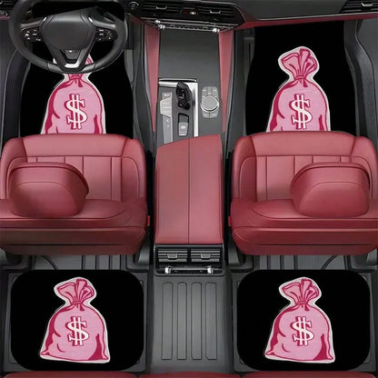 4pcs Pink Dollar Bag Pattern Car Floor Mat Set- Non-Slip, Durable Polyester, Suitable For Most Sedans And SUVs, Interior Upgrade- Perfect Gift For Men And Women