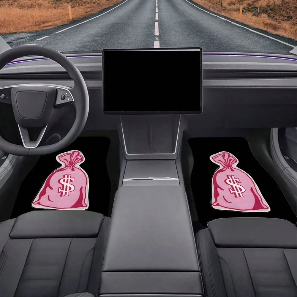 4pcs Pink Dollar Bag Pattern Car Floor Mat Set- Non-Slip, Durable Polyester, Suitable For Most Sedans And SUVs, Interior Upgrade- Perfect Gift For Men And Women