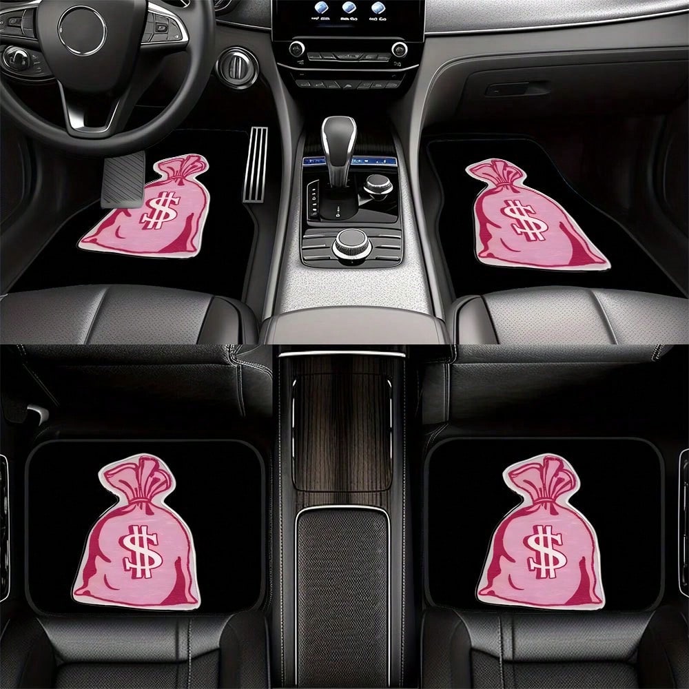 4pcs Pink Dollar Bag Pattern Car Floor Mat Set- Non-Slip, Durable Polyester, Suitable For Most Sedans And SUVs, Interior Upgrade- Perfect Gift For Men And Women