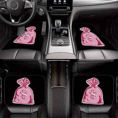4pcs Pink Dollar Bag Pattern Car Floor Mat Set- Non-Slip, Durable Polyester, Suitable For Most Sedans And SUVs, Interior Upgrade- Perfect Gift For Men And Women