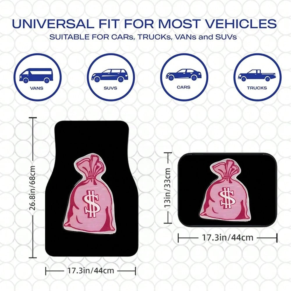 4pcs Pink Dollar Bag Pattern Car Floor Mat Set- Non-Slip, Durable Polyester, Suitable For Most Sedans And SUVs, Interior Upgrade- Perfect Gift For Men And Women