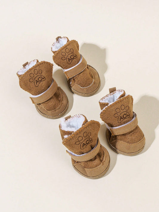4pcs Plush Leather Small Pet Shoes, Small Pet Warm Fleece Snow Boots, Small Pet Decorative Shoes, Suitable For Indoor And Outdoor Wear For Small To Medium Pets