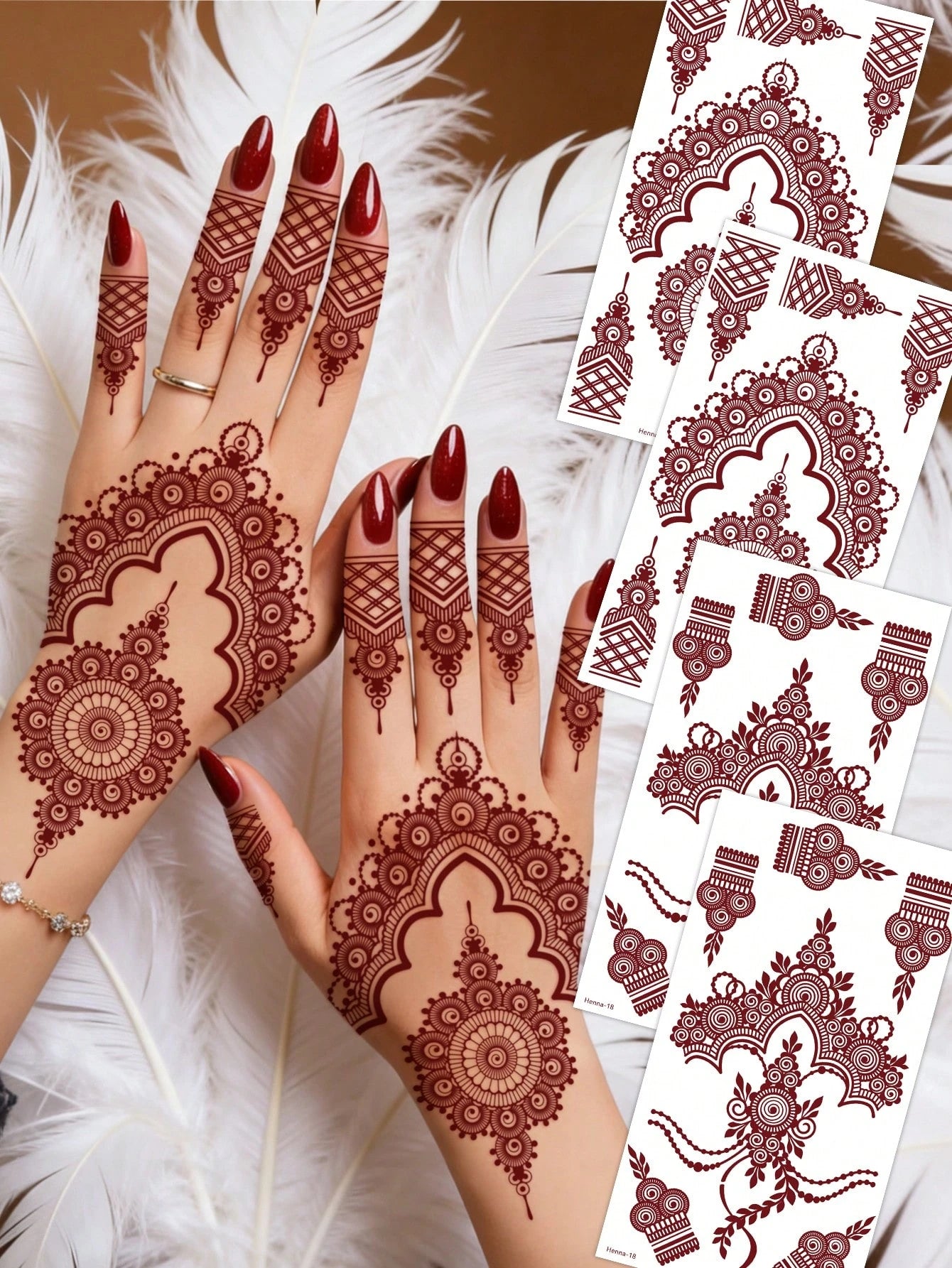 4pcs Sensual Hand Flower Design Tattoos In Brown, Red, Chestnut Colors For Finger, Nail, Body Art, Suitable For Wedding, Party