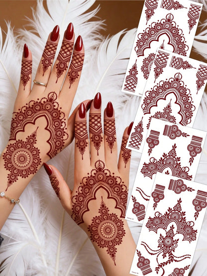 4pcs Sensual Hand Flower Design Tattoos In Brown, Red, Chestnut Colors For Finger, Nail, Body Art, Suitable For Wedding, Party