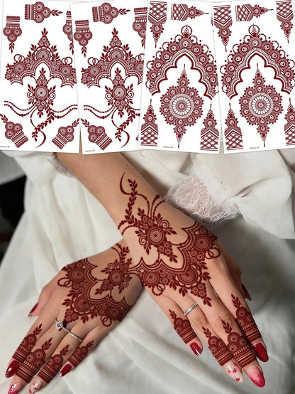 4pcs Sensual Hand Flower Design Tattoos In Brown, Red, Chestnut Colors For Finger, Nail, Body Art, Suitable For Wedding, Party