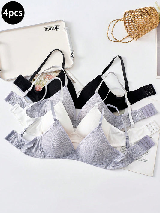 4pcs/Set Teen Girl Bras, Minimalist Fashion Solid Color Wireless Soft & Comfortable Bras