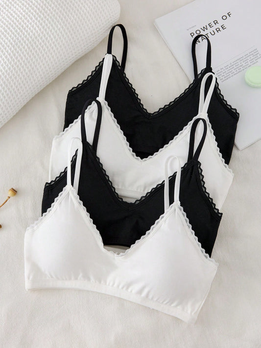 4pcs/Set Teen GirlBasic Color Contrast Simple Solid Color Camisole Bras With Removable Pads, Cotton Lace V-Neck Bras Back-To-School White Black Summer