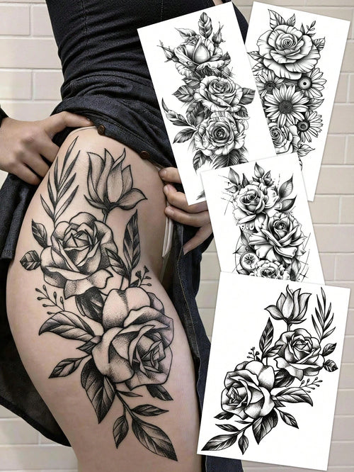 4pcs Sexy Black Floral Temporary Tattoo Stickers, Waterproof Realistic Fake Tattoos, Suitable For Women's Thighs, Abdomen, Back And Hips, Perfect For Festivals, Parties, Dates And More