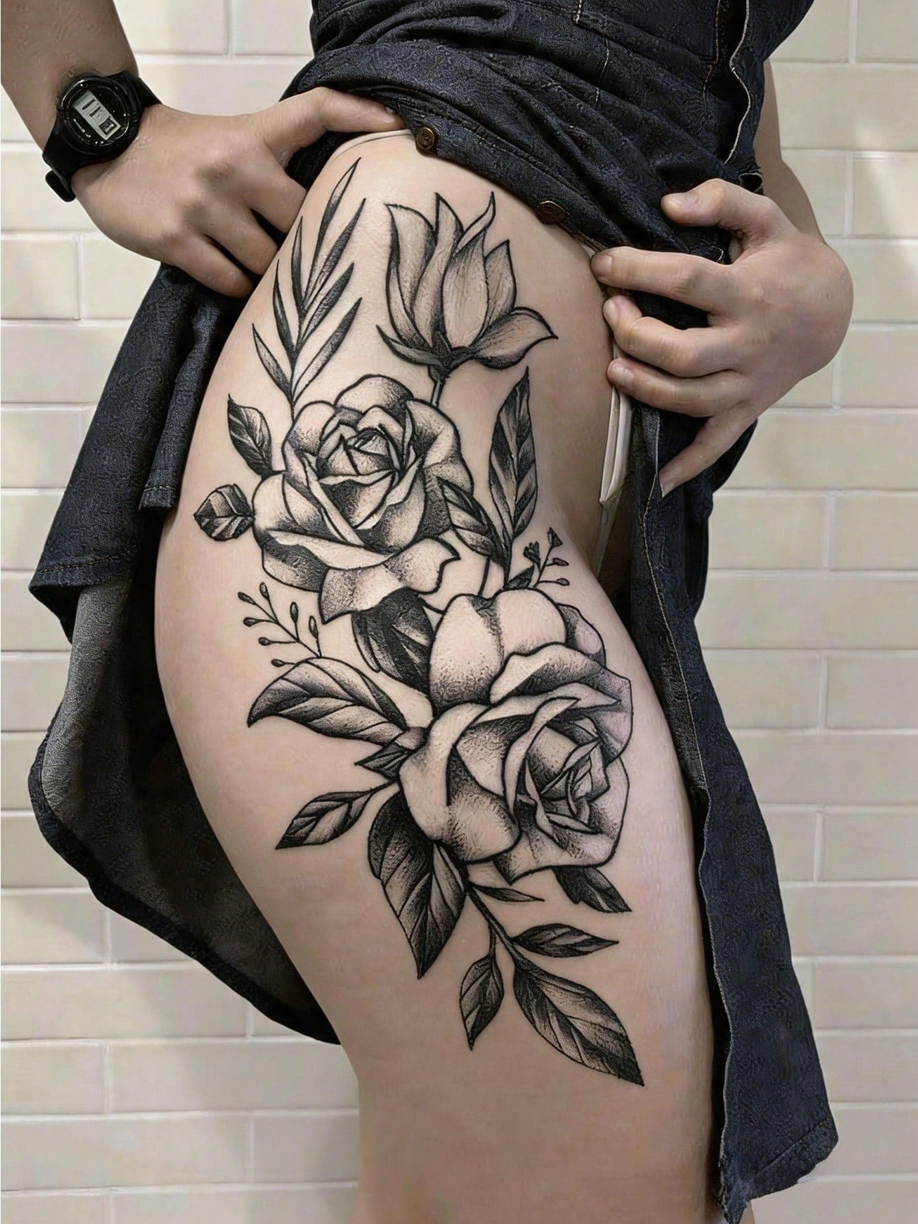 4pcs Sexy Black Floral Temporary Tattoo Stickers, Waterproof Realistic Fake Tattoos, Suitable For Women's Thighs, Abdomen, Back And Hips, Perfect For Festivals, Parties, Dates And More