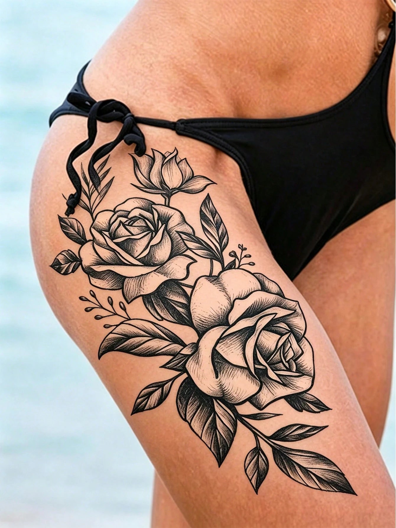 4pcs Sexy Black Floral Temporary Tattoo Stickers, Waterproof Realistic Fake Tattoos, Suitable For Women's Thighs, Abdomen, Back And Hips, Perfect For Festivals, Parties, Dates And More