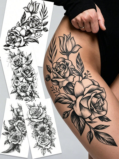 4pcs Sexy Black Floral Temporary Tattoo Stickers, Waterproof Realistic Fake Tattoos, Suitable For Women's Thighs, Abdomen, Back And Hips, Perfect For Festivals, Parties, Dates And More