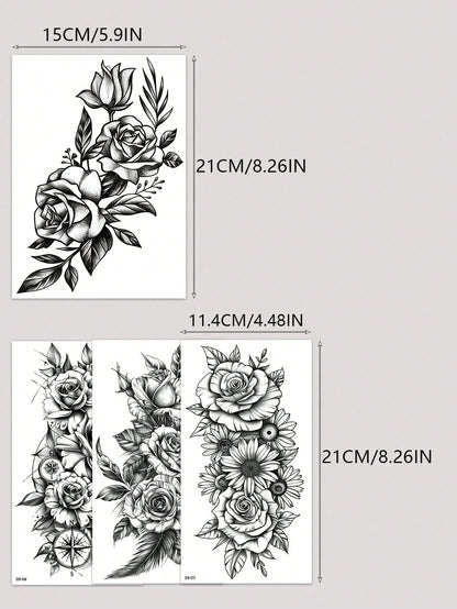 4pcs Sexy Black Floral Temporary Tattoo Stickers, Waterproof Realistic Fake Tattoos, Suitable For Women's Thighs, Abdomen, Back And Hips, Perfect For Festivals, Parties, Dates And More