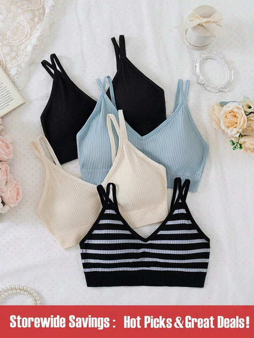 4pcs Teenage Girls Seamless Black Backless Racerback Sports Bra Crop Top Set Back-To-School Summer