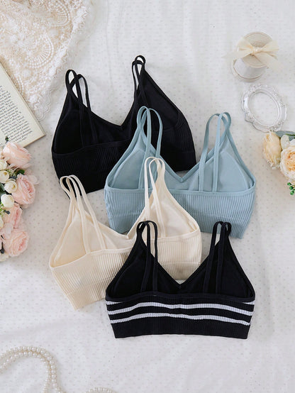 4pcs Teenage Girls Seamless Black Backless Racerback Sports Bra Crop Top Set Back-To-School Summer