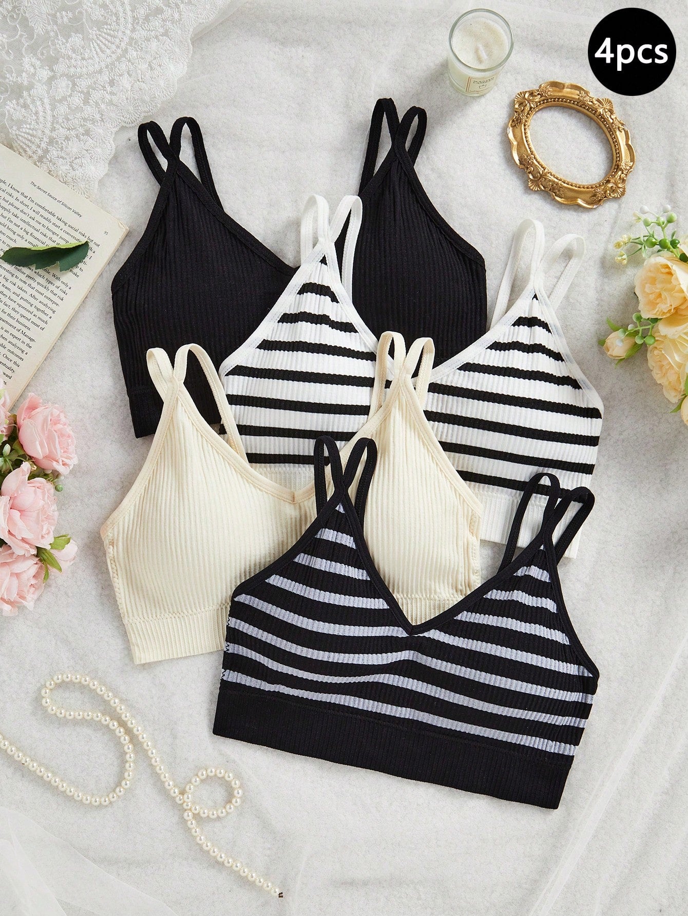 4pcs Teenage Girls Seamless Black Backless Racerback Sports Bra Crop Top Set Back-To-School Summer