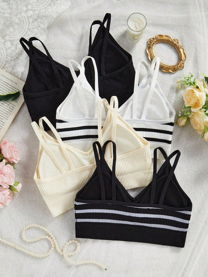 4pcs Teenage Girls Seamless Black Backless Racerback Sports Bra Crop Top Set Back-To-School Summer